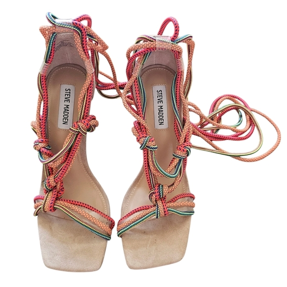 Steve Madden Womens Slit Tie Up Suede Evening Square Toe Colorful Heel Sandals - Picture 6 of 7